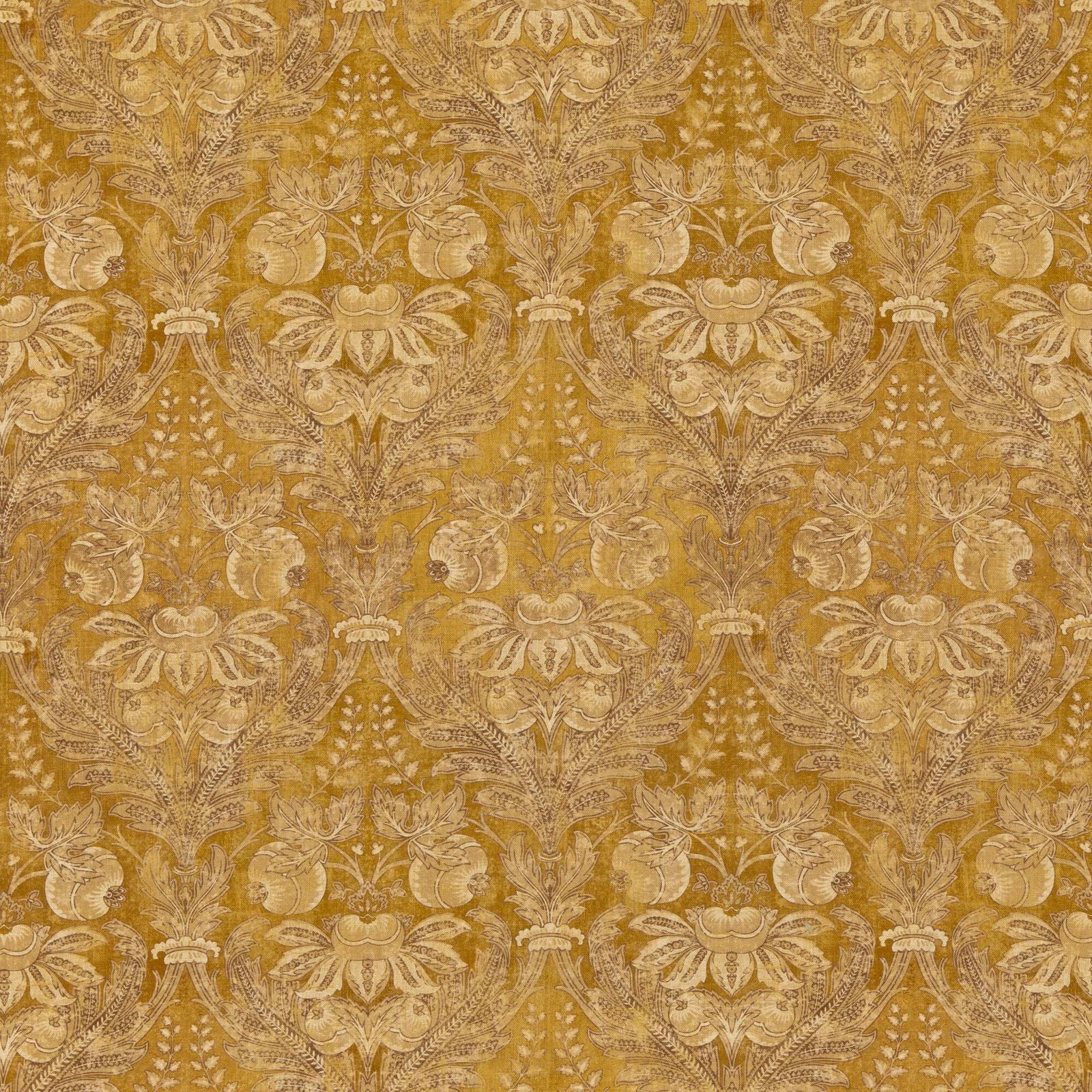 Muted ochre damask with pale floral scrollwork and a softly distressed weave