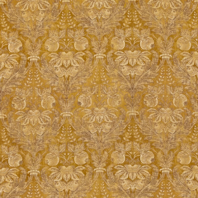 Muted ochre damask with pale floral scrollwork and a softly distressed weave