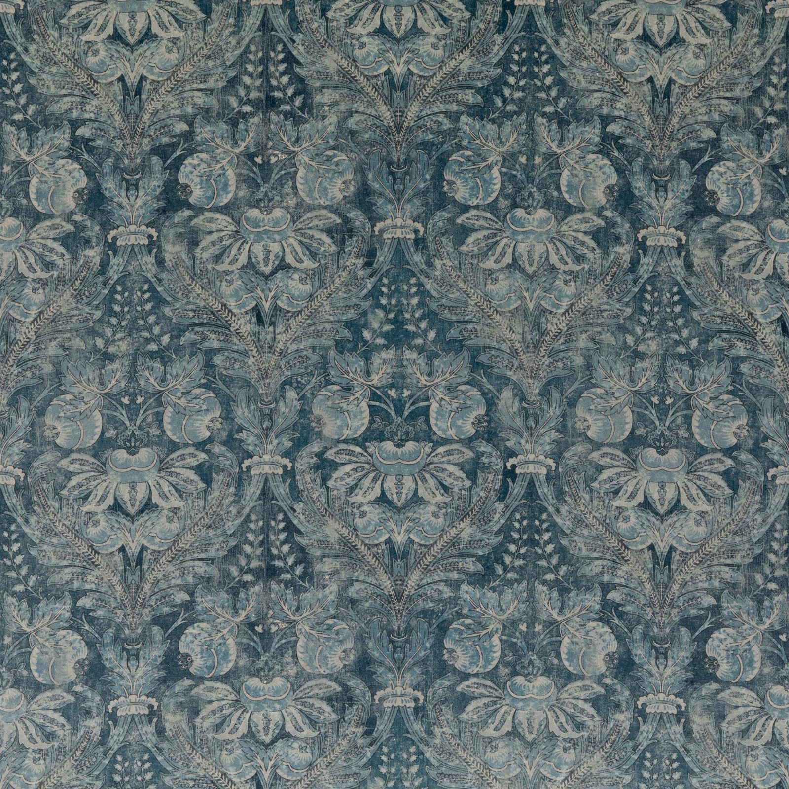 Muted blue-teal velvet with pale floral damask and distressed woven texture