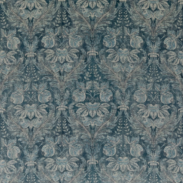 Muted blue-teal velvet with pale floral damask and distressed woven texture