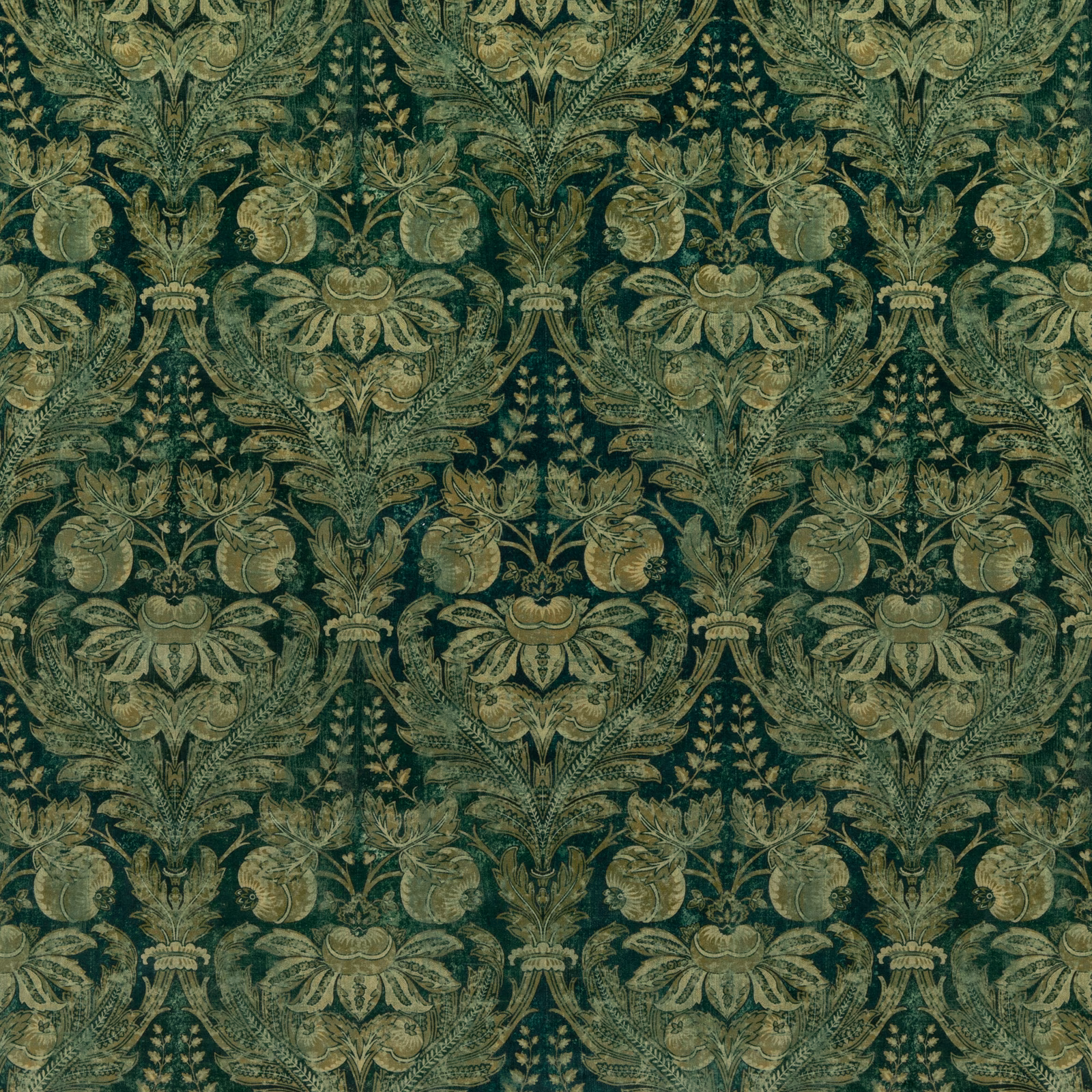 Deep emerald velvet with antique-gold botanical damask and scrolling leafy motifs