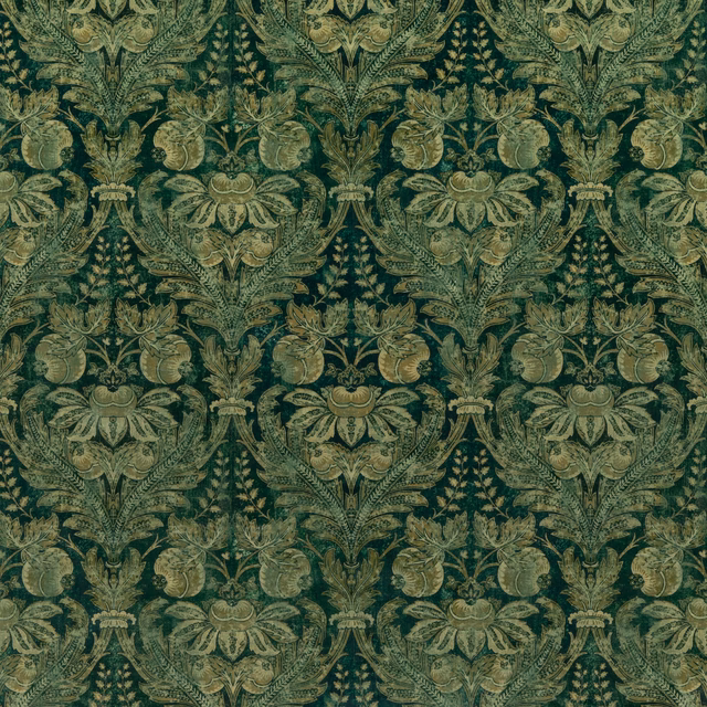 Deep emerald velvet with antique-gold botanical damask and scrolling leafy motifs