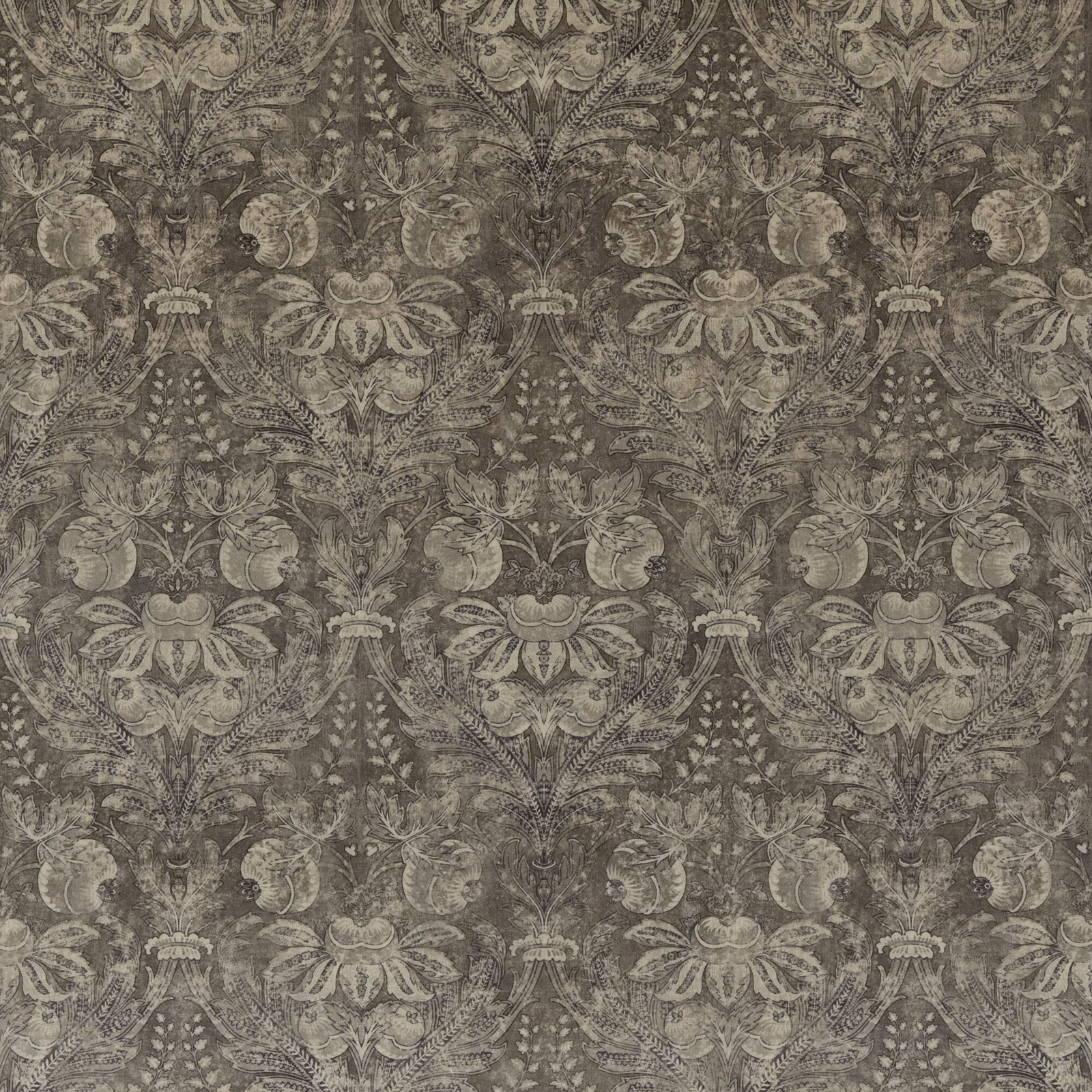 Mole taupe velvet with a distressed symmetrical botanical damask and softly contrasting pile