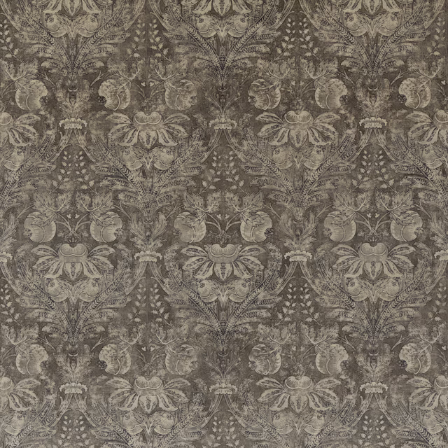 Mole taupe velvet with a distressed symmetrical botanical damask and softly contrasting pile