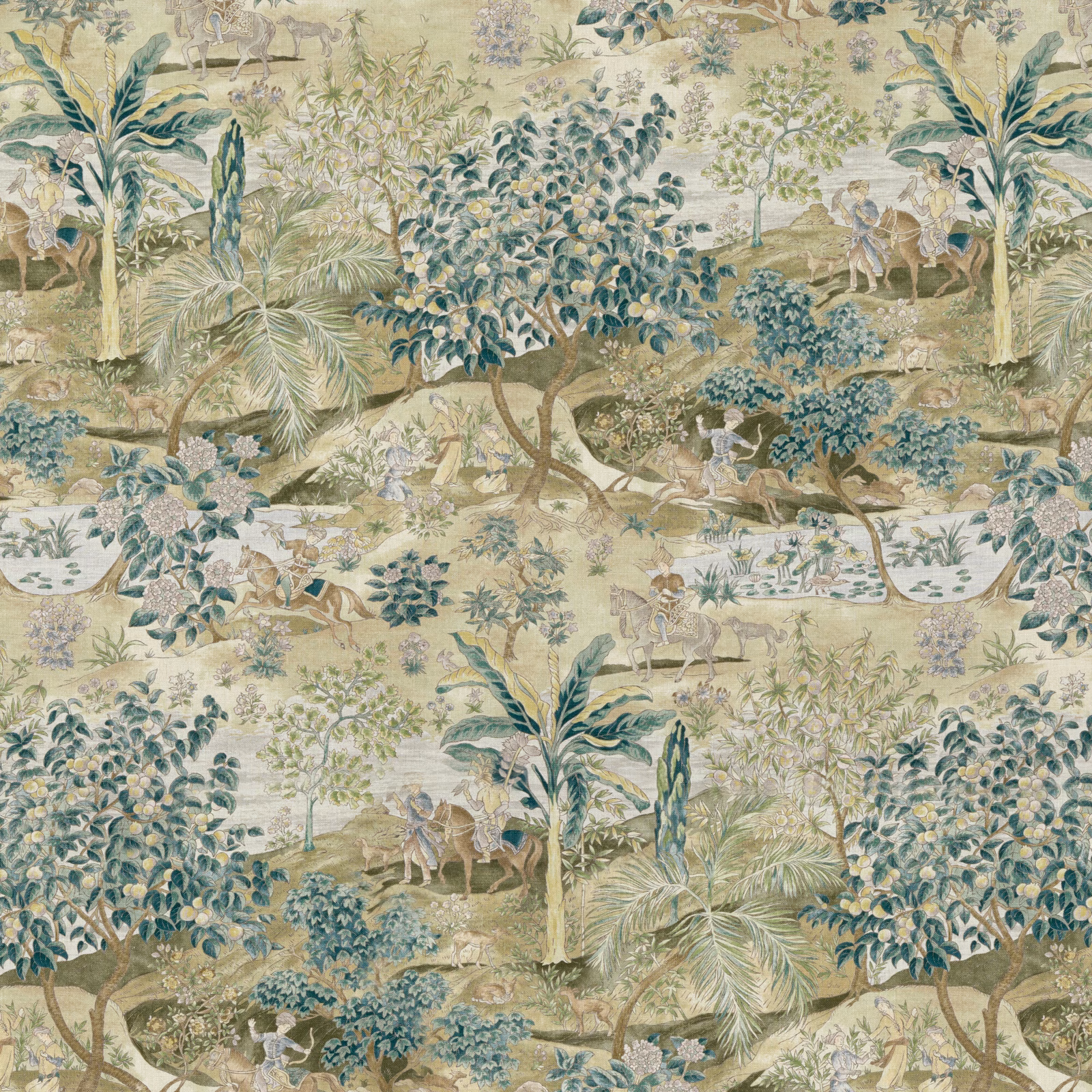 Mole-ground scenic fabric with moss palms, leafy trees, figures and animals
