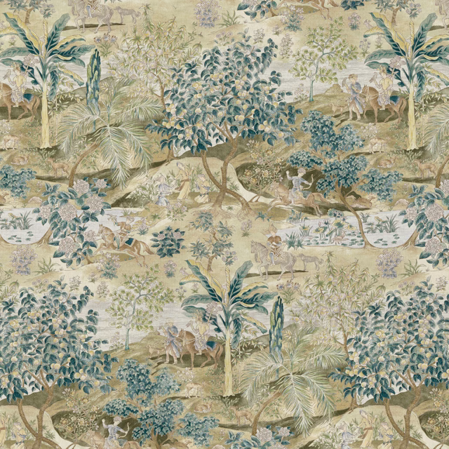 Mole-ground scenic fabric with moss palms, leafy trees, figures and animals