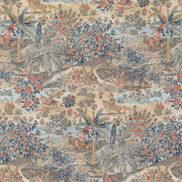 Ivory scenic fabric with coral flowers, blue trees, palms and tiny figures