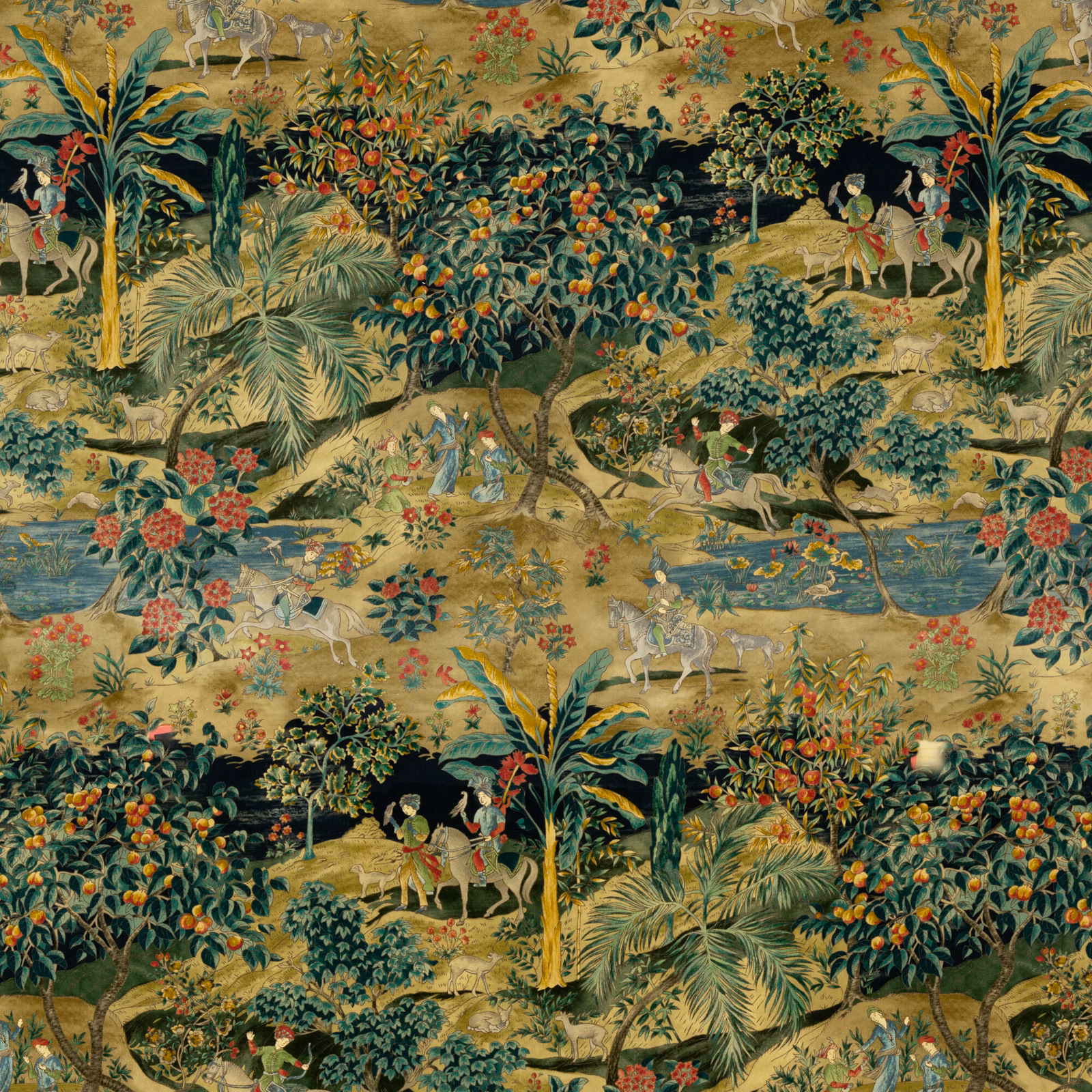 Emerald and sand velvet showing a richly detailed garden scene with citrus trees and water
