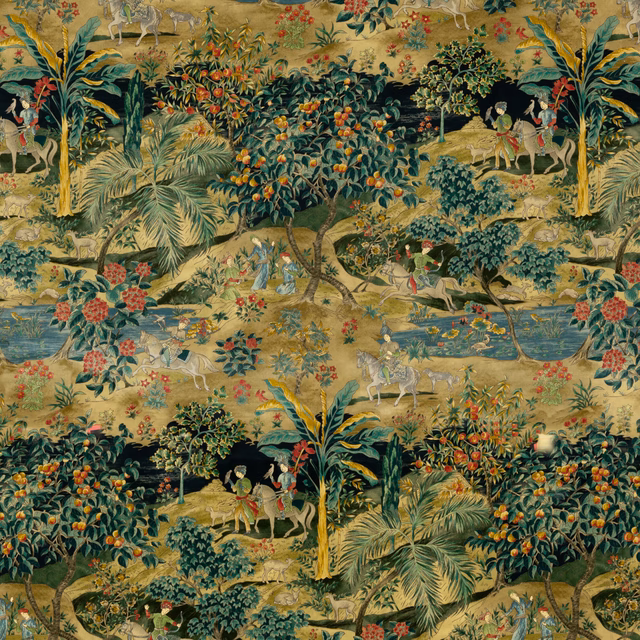 Emerald and sand velvet showing a richly detailed garden scene with citrus trees and water