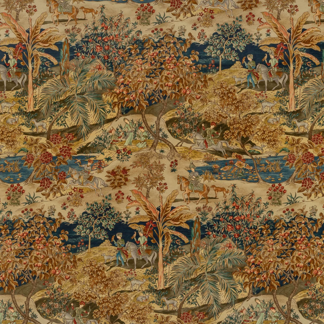 Indigo and red scenic velvet with palms, figures, horses and flowering trees
