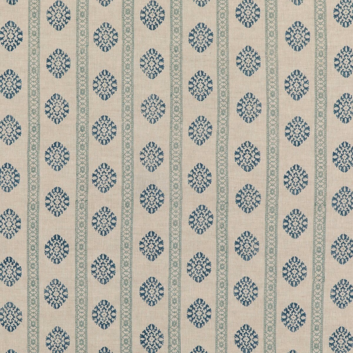 Muted aqua linen with dark teal medallions and narrow vertical patterned stripes