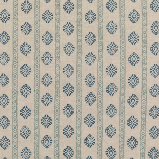 Muted aqua linen with dark teal medallions and narrow vertical patterned stripes