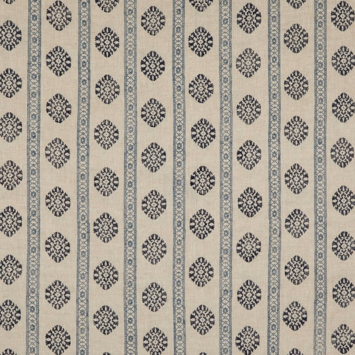 Warm oatmeal linen with indigo medallions and narrow geometric vertical stripes