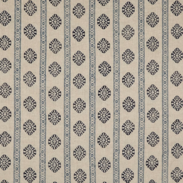 Warm oatmeal linen with indigo medallions and narrow geometric vertical stripes