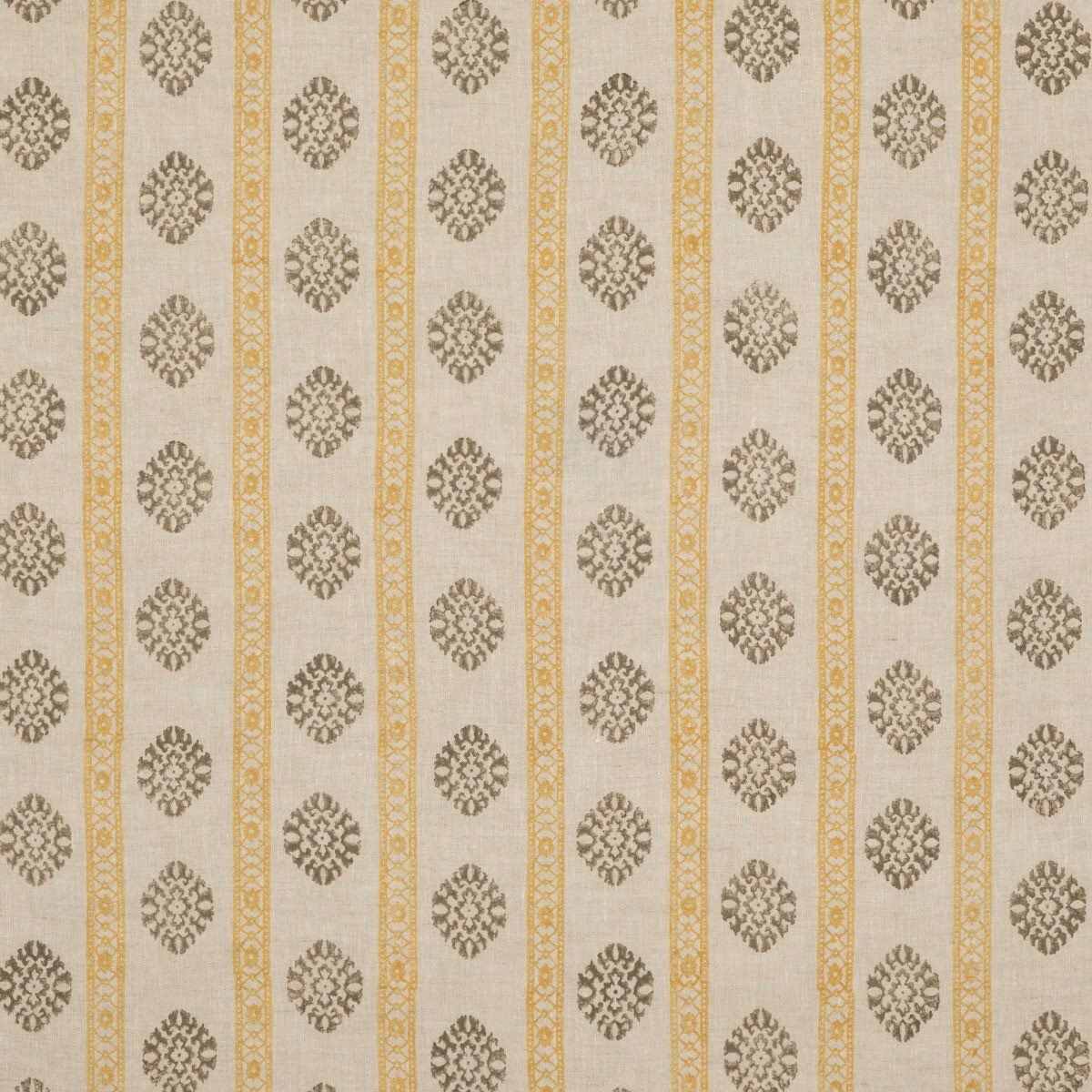 Warm beige linen with ochre vertical bands and mole geometric medallions