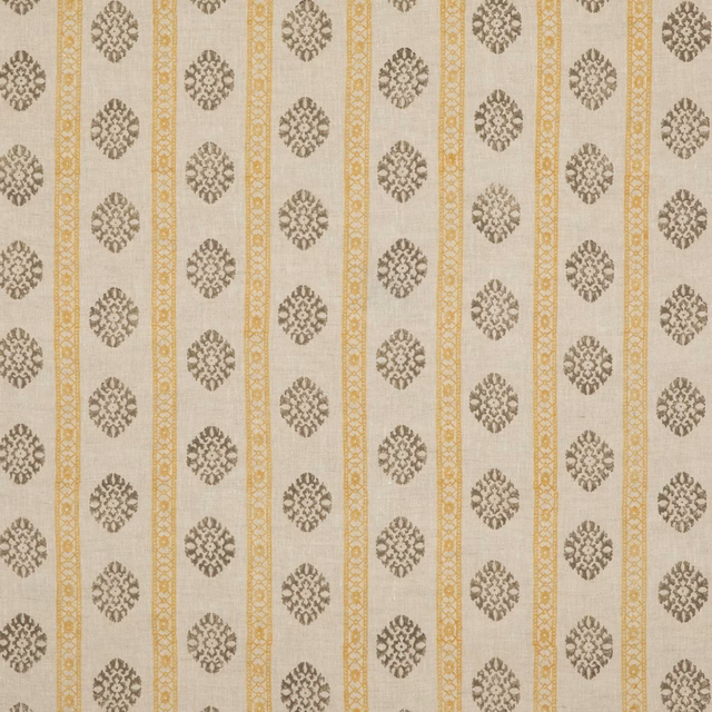Warm beige linen with ochre vertical bands and mole geometric medallions