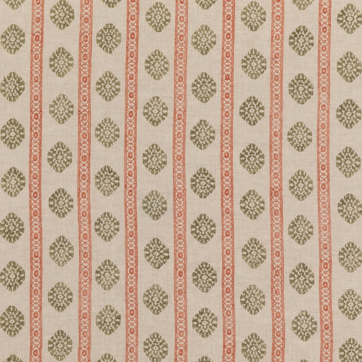 Cream linen with olive floral medallions and coral-red vertical bands