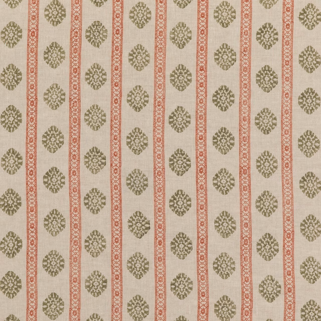 Cream linen with olive floral medallions and coral-red vertical bands