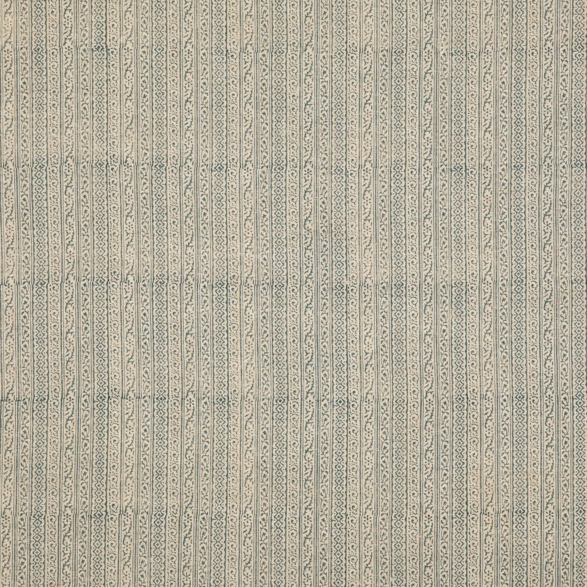 Muted blue-grey linen with narrow stripes and tiny scrolling leaf motifs