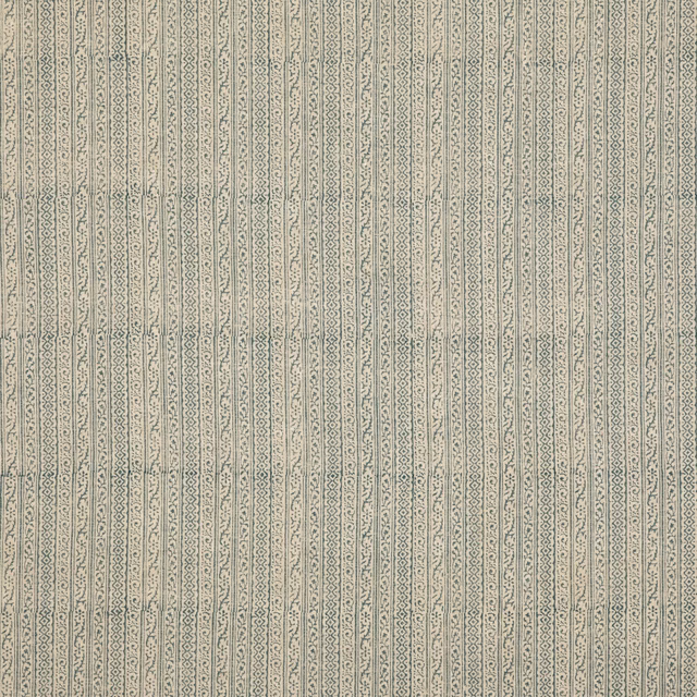 Muted blue-grey linen with narrow stripes and tiny scrolling leaf motifs