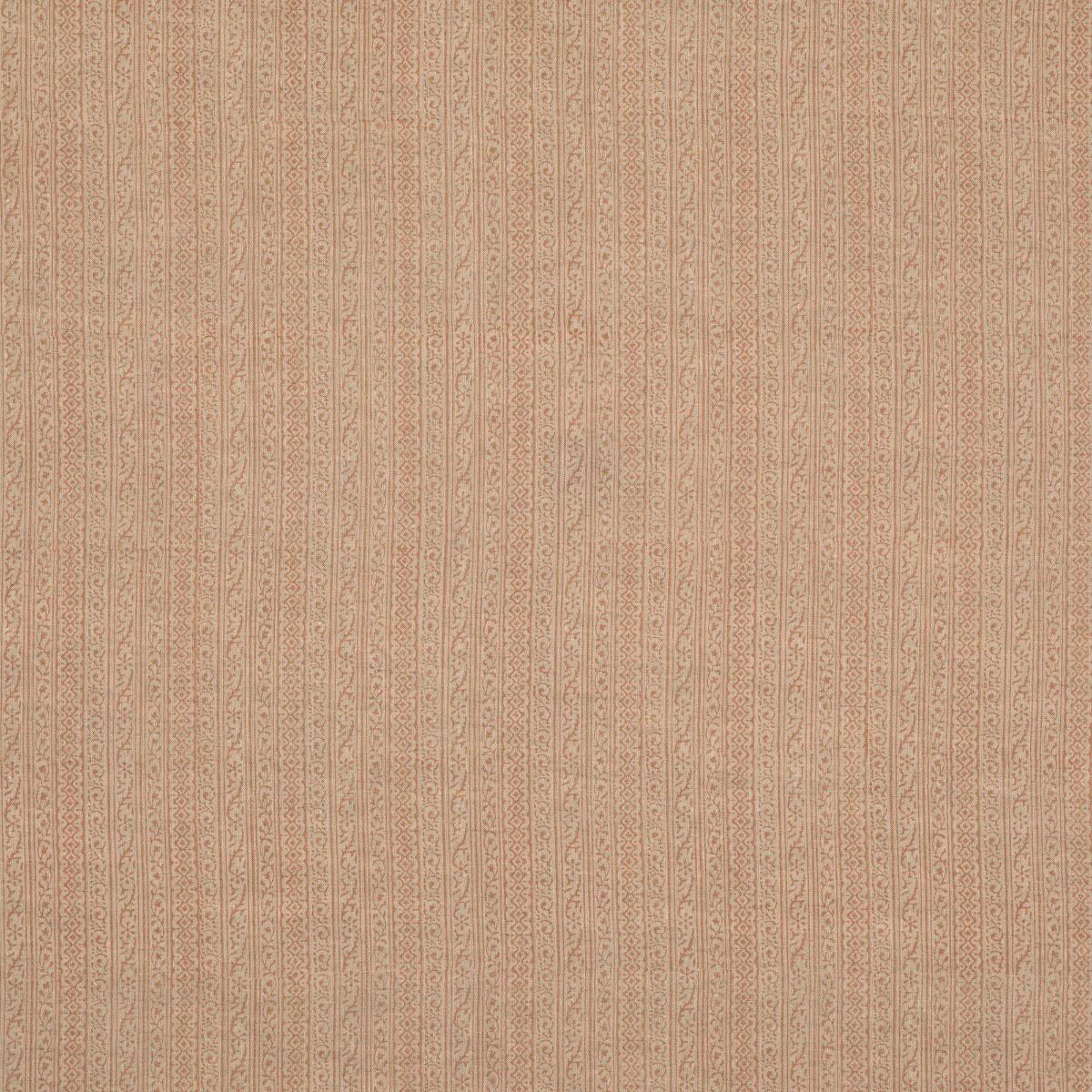 Muted blush linen with fine vertical bands and tiny scrolling paisley motifs