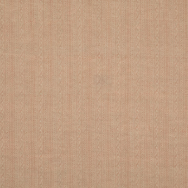 Muted blush linen with fine vertical bands and tiny scrolling paisley motifs