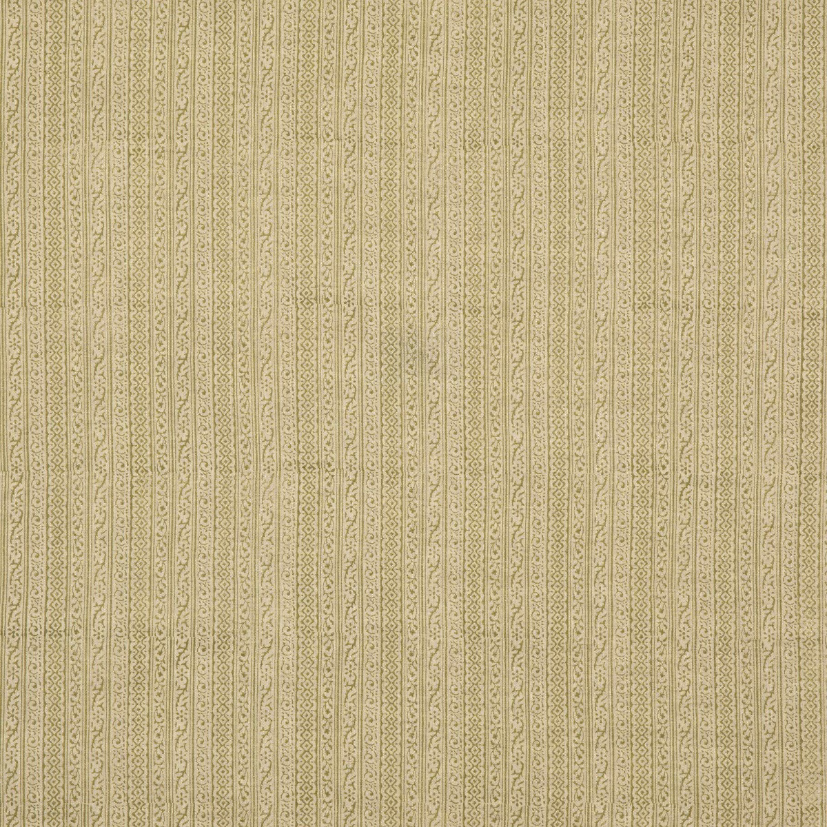 Muted olive-green linen with fine vertical paisley stripes and a softly textured weave