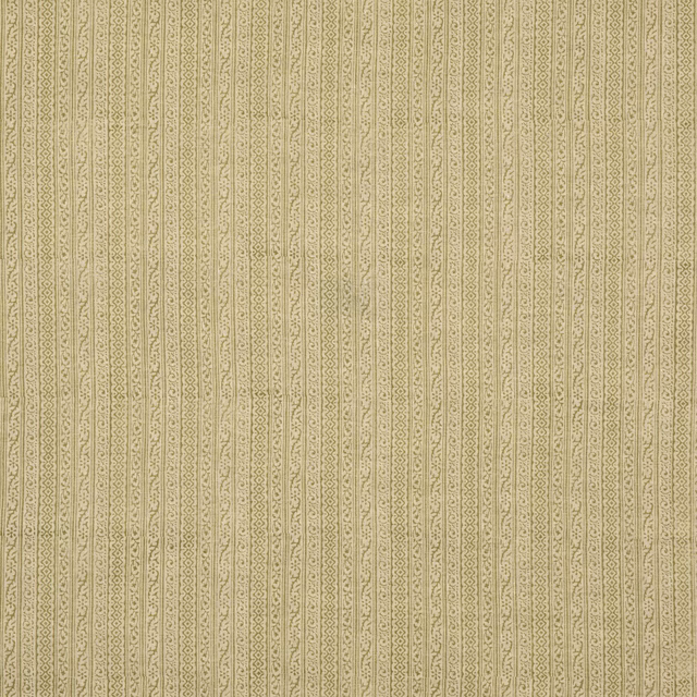 Muted olive-green linen with fine vertical paisley stripes and a softly textured weave