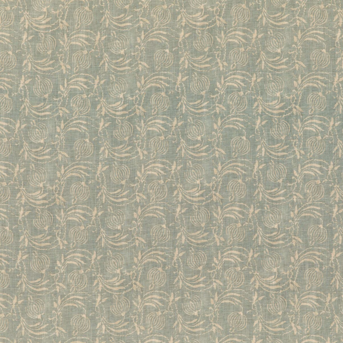 Muted aqua fabric with ivory scrolling leaf motifs and softly textured woven ground