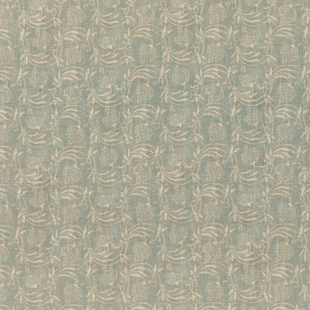 Muted aqua fabric with ivory scrolling leaf motifs and softly textured woven ground