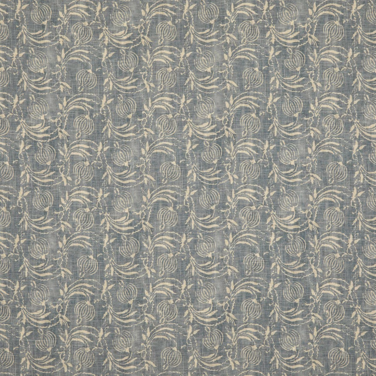 Muted denim-blue fabric with cream botanical pomegranate motifs and a softly textured ground