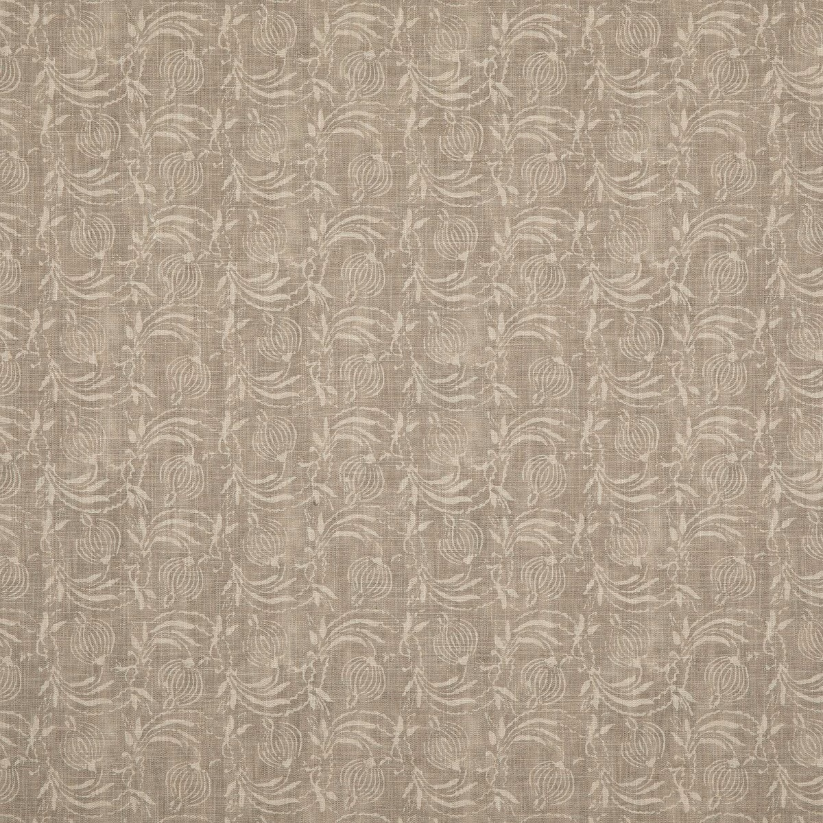 Warm dove-taupe textile with ivory scrolling botanical motifs and a softly slubbed weave