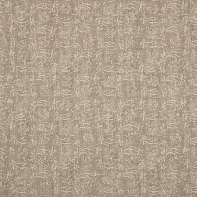 Warm dove-taupe textile with ivory scrolling botanical motifs and a softly slubbed weave