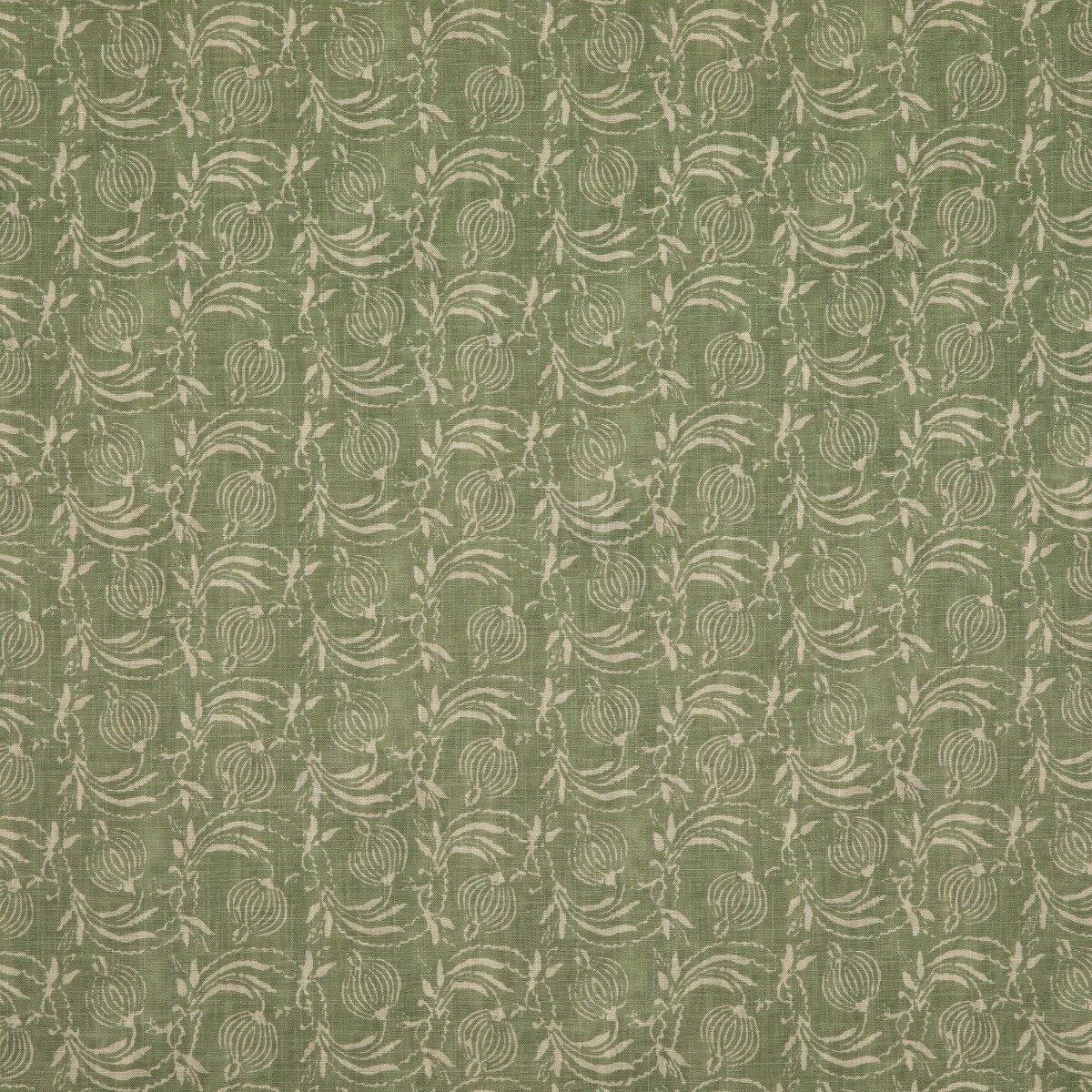 Muted sage green fabric with ivory curling botanical motifs and softly slubbed texture