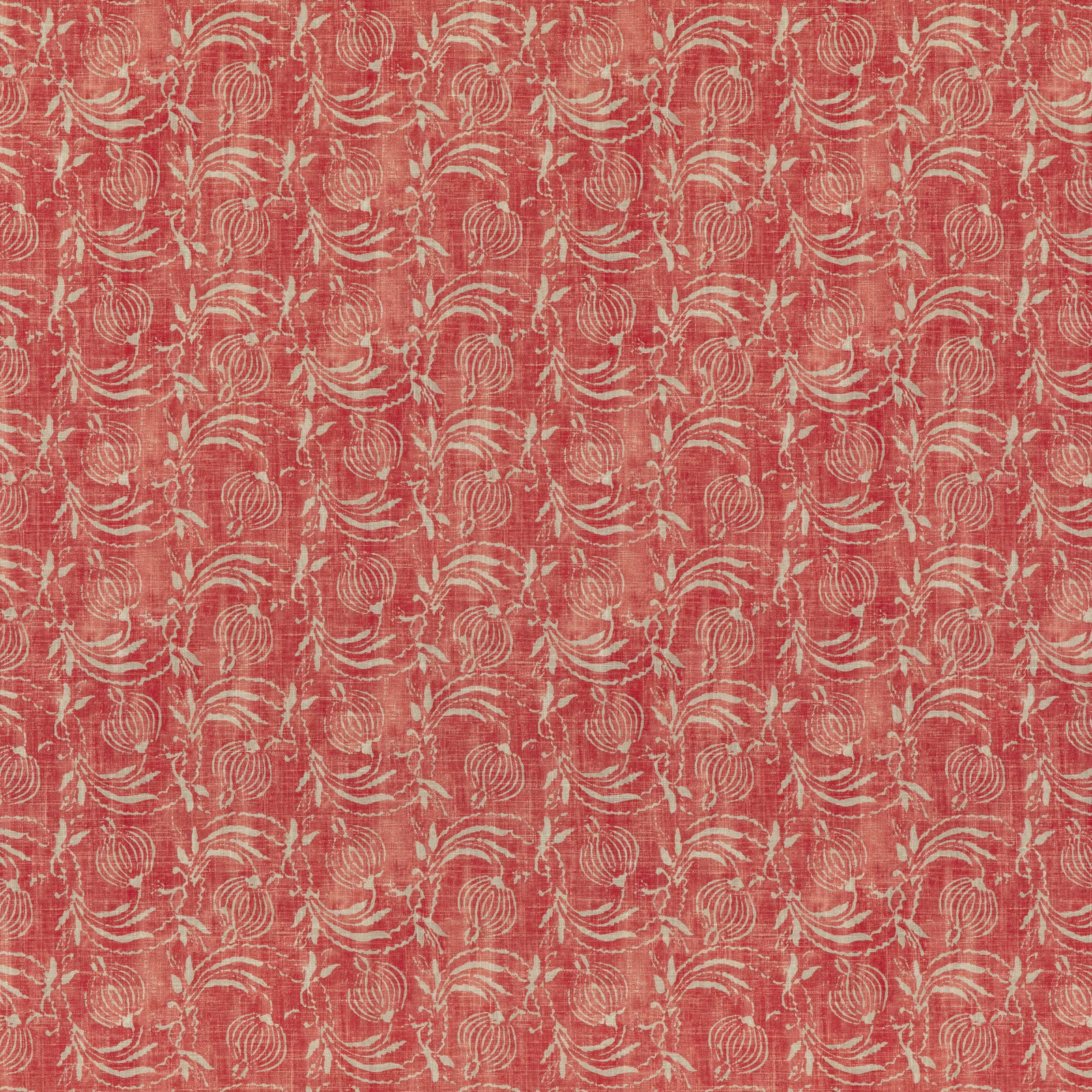 Pomegranate-red woven fabric with ivory scrolling botanical motifs and flecked texture