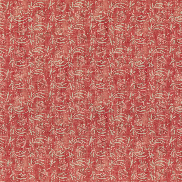 Pomegranate-red woven fabric with ivory scrolling botanical motifs and flecked texture