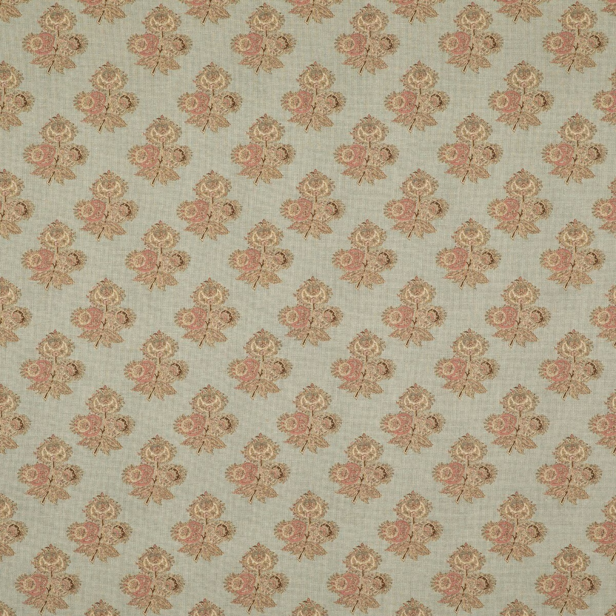 Pale aqua fabric with dusty rose paisley motifs and a softly slubbed texture