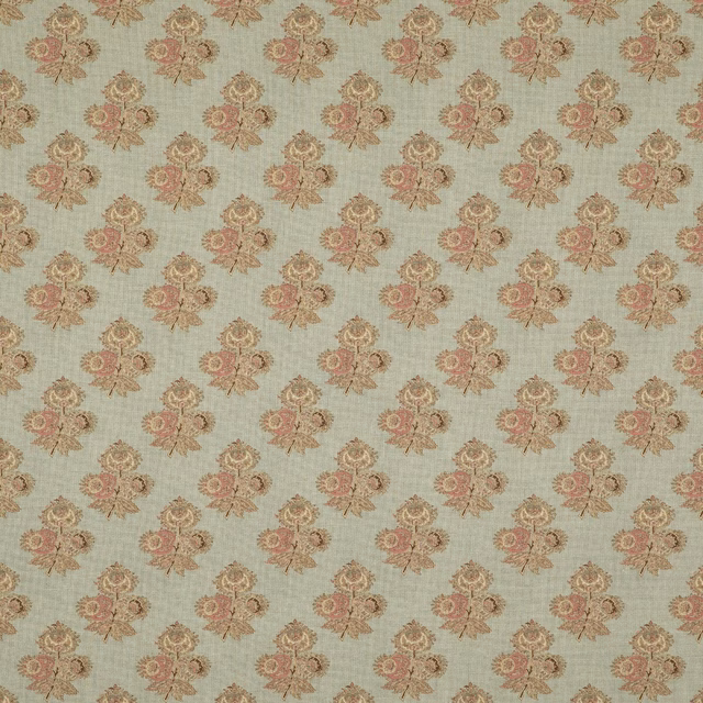 Pale aqua fabric with dusty rose paisley motifs and a softly slubbed texture