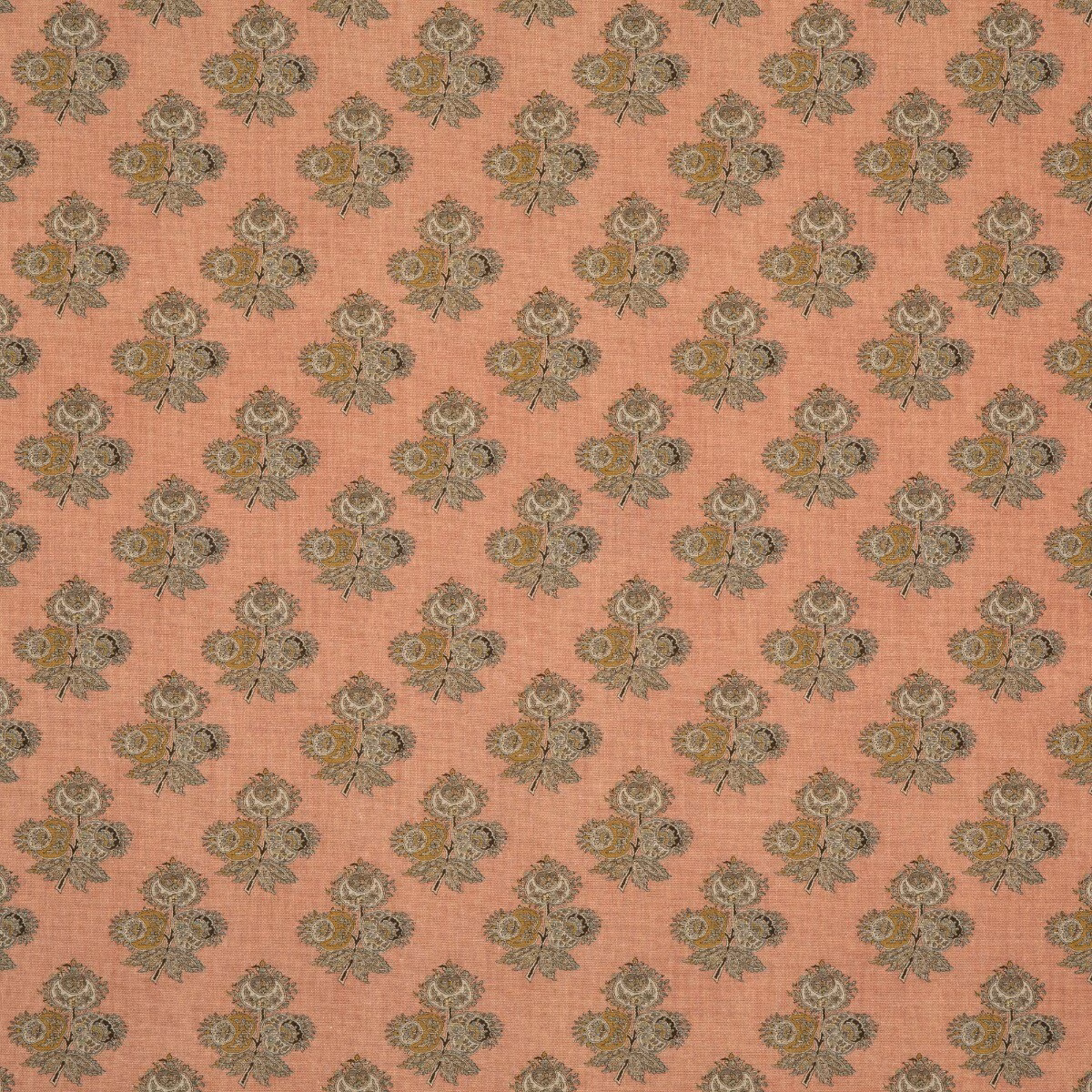 Blush-coral fabric with olive paisley sprigs and a fine linen-like slub
