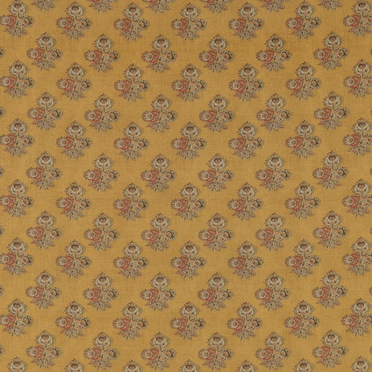 Ochre woven fabric with small rust, cream and grey-green paisley floral motifs