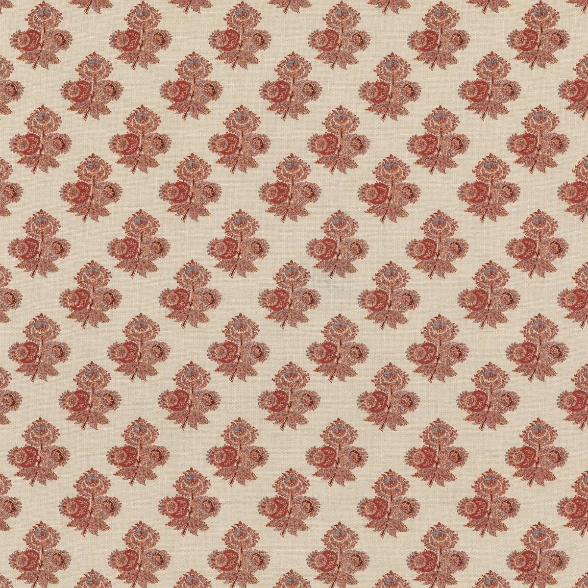 Warm cream fabric with evenly spaced muted red paisley sprigs and fine woven texture