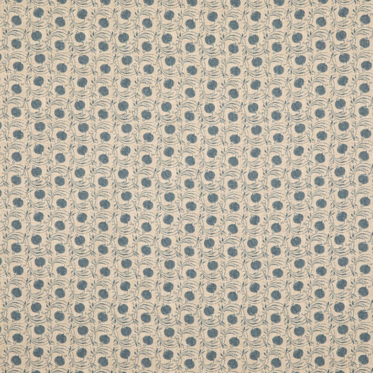 Cream linen-blend fabric with repeated muted blue-grey seed pod motifs and fine curling stems
