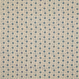 Cream linen-blend fabric with repeated muted blue-grey seed pod motifs and fine curling stems