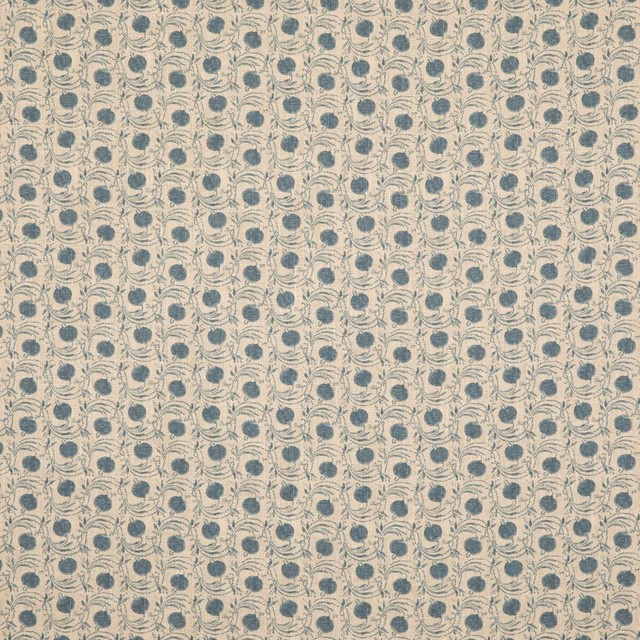 Cream linen-blend fabric with repeated muted blue-grey seed pod motifs and fine curling stems