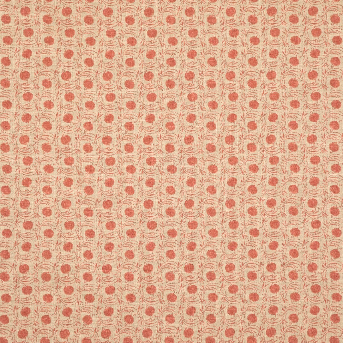 Muted coral-red seed pods on a small botanical repeat over an oatmeal textured ground