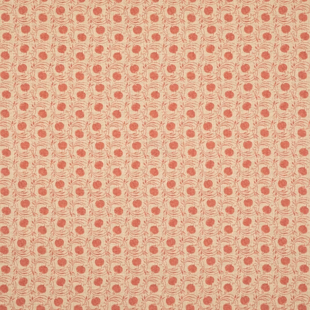 Muted coral-red seed pods on a small botanical repeat over an oatmeal textured ground