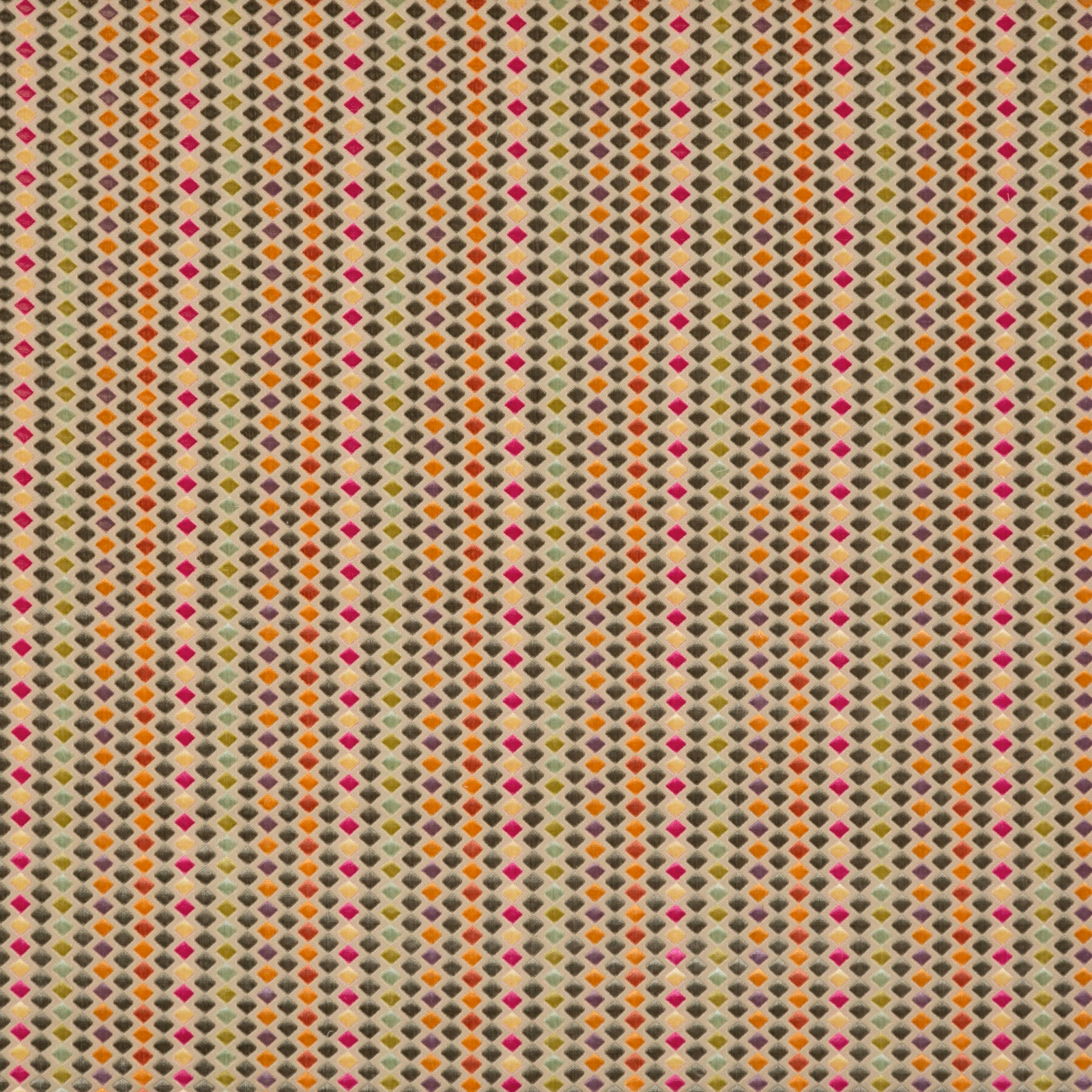 Cream-ground woven fabric with rows of olive, pink, orange and mustard diamonds