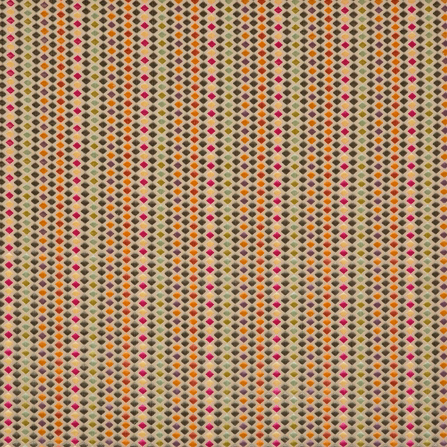 Cream-ground woven fabric with rows of olive, pink, orange and mustard diamonds
