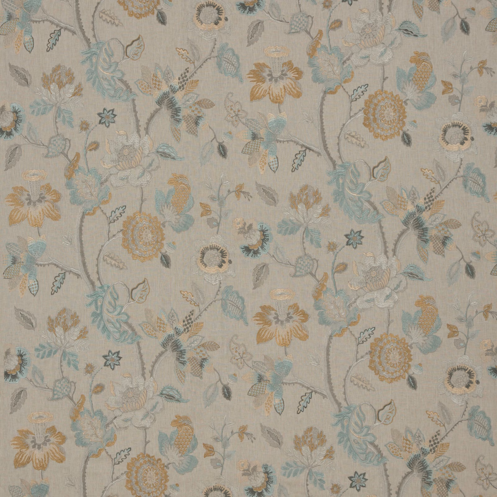 Muted aqua and bronze woven floral fabric with trailing stems and blossoms