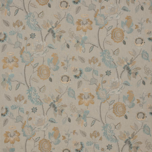 Muted aqua and bronze woven floral fabric with trailing stems and blossoms